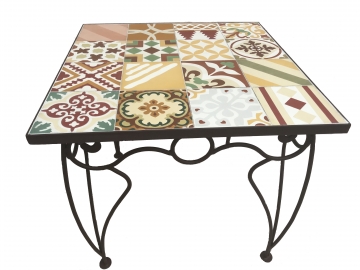 Table fer forgé et carreaux de ciment marron 80x80