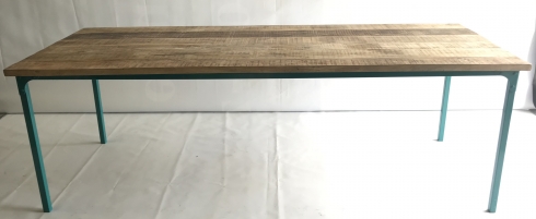 Table en acier et bois de manguier 225x85 bleu